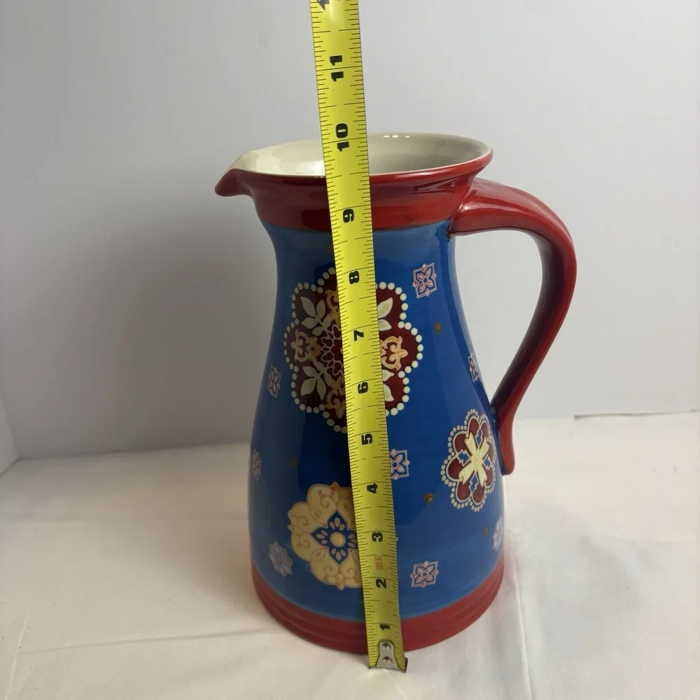 Dutch Wax Coastline Imports Floral Ceramic Pitcher Hand Painted Boho 9.5”